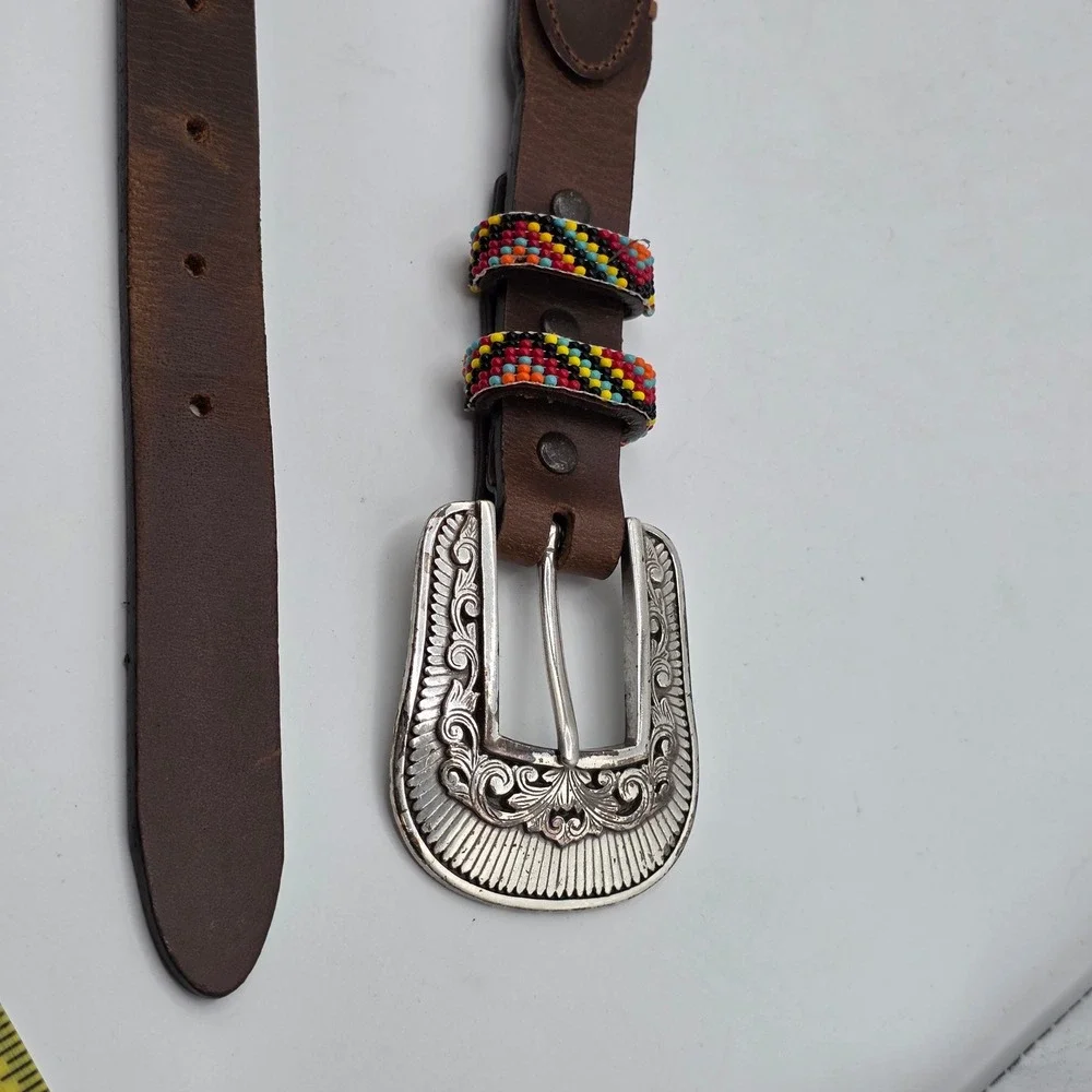Stump Western Beaded Leather Belt Brown Southwestern Whipstitch‎ Buckle Size 36